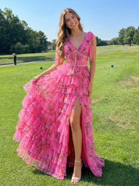 Flower Chiffon V-Neck Tiered Prom Dress Corset Fairy Maxi Dresses