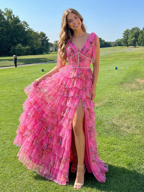 Flower Chiffon V-Neck Tiered Prom Dress Corset Fairy Maxi Dresses