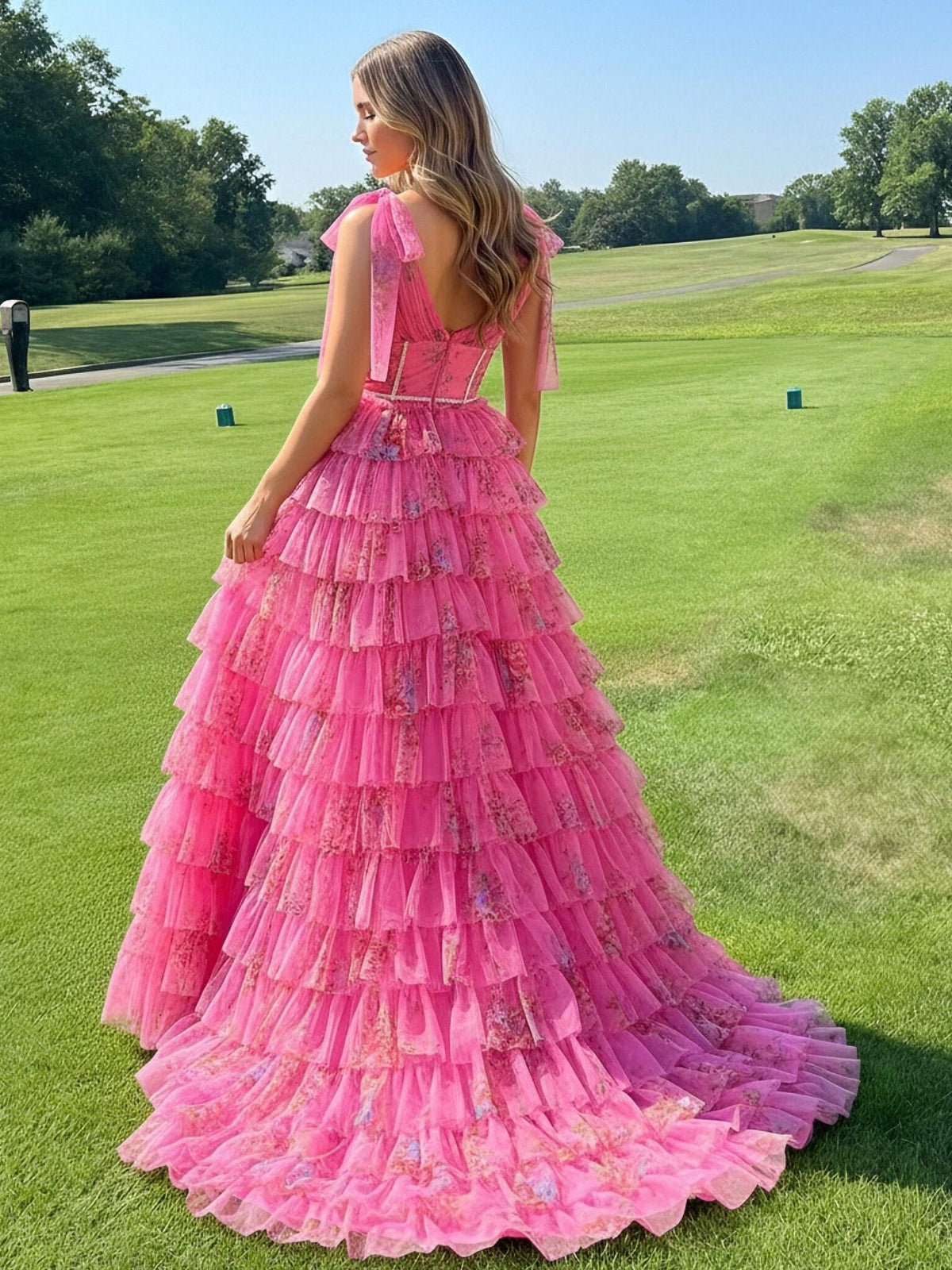 Flower Chiffon V-Neck Tiered Prom Dress Corset Fairy Maxi Dresses