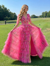 Flower Chiffon V-Neck Tiered Prom Dress Corset Fairy Maxi Dresses