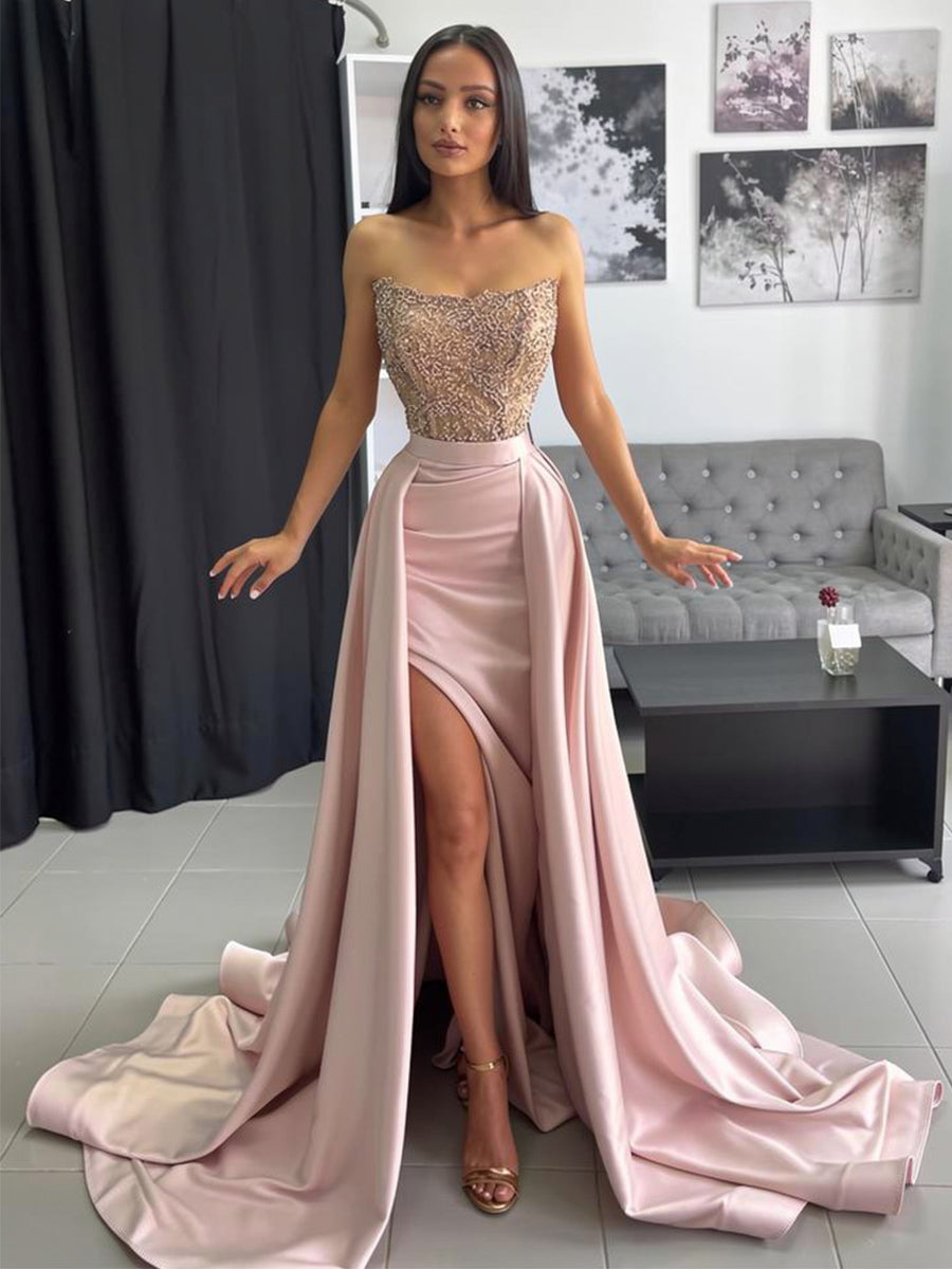 Ball Gown Ruched Satin Strapless Floor-Length Prom Dress with Train