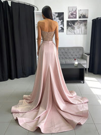 Ball Gown Ruched Satin Strapless Floor-Length Prom Dress with Train