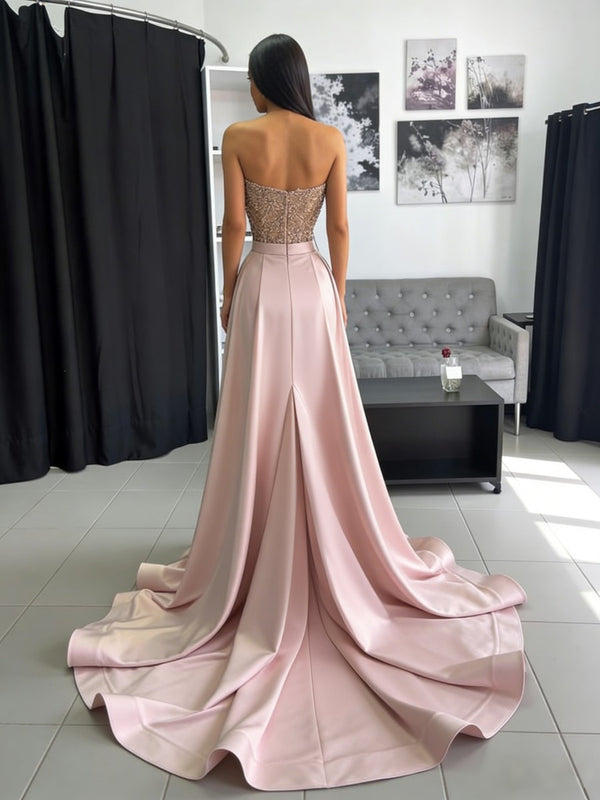 Ball Gown Ruched Satin Strapless Floor-Length Prom Dress with Train
