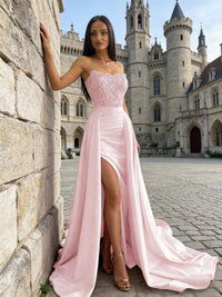 Ball Gown Ruched Satin Strapless Floor-Length Prom Dress with Train