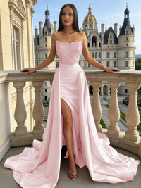 Ball Gown Ruched Satin Strapless Floor-Length Prom Dress with Train