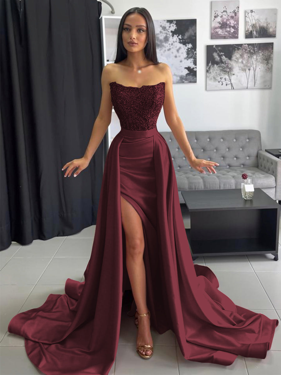 Ball Gown Ruched Satin Strapless Floor-Length Prom Dress with Train