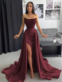Ball Gown Ruched Satin Strapless Floor-Length Prom Dress with Train