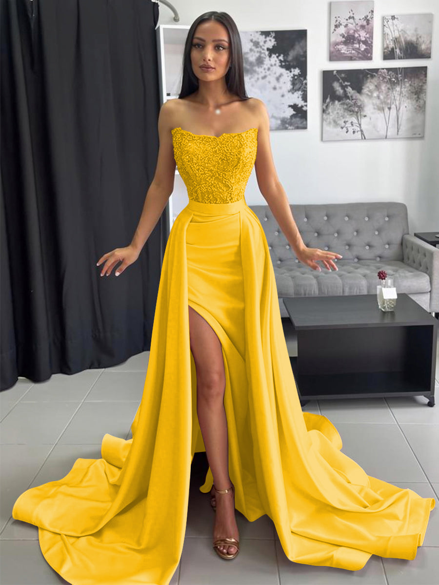 Ball Gown Ruched Satin Strapless Floor-Length Prom Dress with Train