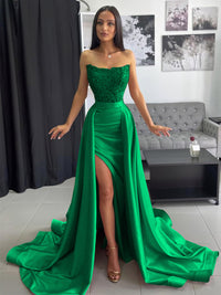 Ball Gown Ruched Satin Strapless Floor-Length Prom Dress with Train
