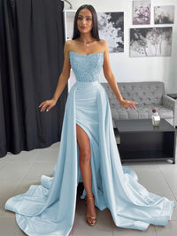 Ball Gown Ruched Satin Strapless Floor-Length Prom Dress with Train