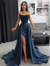 Ball Gown Ruched Satin Strapless Floor-Length Prom Dress with Train