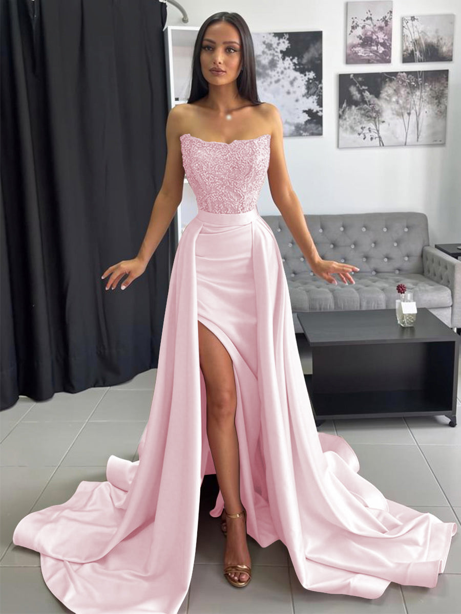 Ball Gown Ruched Satin Strapless Floor-Length Prom Dress with Train