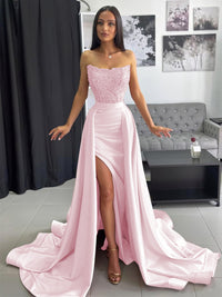 Ball Gown Ruched Satin Strapless Floor-Length Prom Dress with Train