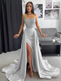 Ball Gown Ruched Satin Strapless Floor-Length Prom Dress with Train