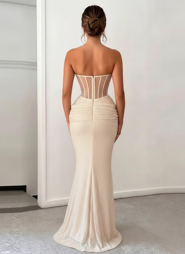 Tulle Sheath Sweetheart Strapless Ruched Floor-Length Prom Dress