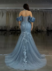 Tulle Mermaid Off-Shoulder Sweetheart Floor-Length Prom Dress with Lace Applique