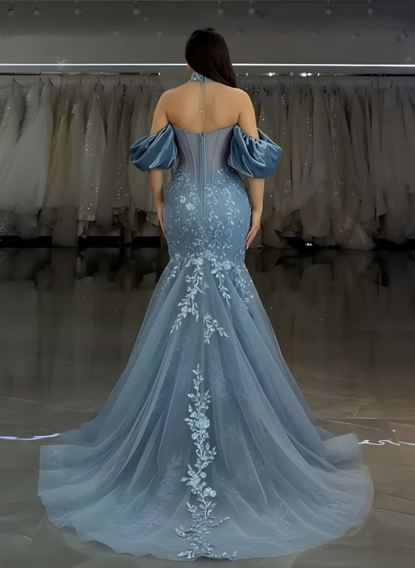 Tulle Mermaid Off-Shoulder Sweetheart Floor-Length Prom Dress with Lace Applique