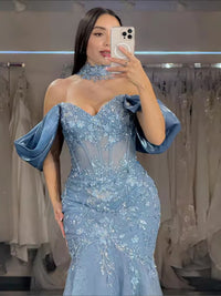 Tulle Mermaid Off-Shoulder Sweetheart Floor-Length Prom Dress with Lace Applique