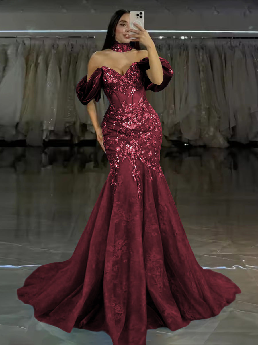 Tulle Mermaid Off-Shoulder Sweetheart Floor-Length Prom Dress with Lace Applique