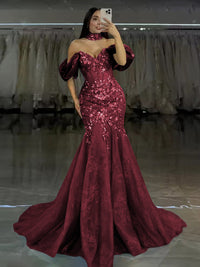 Tulle Mermaid Off-Shoulder Sweetheart Floor-Length Prom Dress with Lace Applique