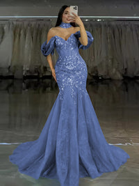 Tulle Mermaid Off-Shoulder Sweetheart Floor-Length Prom Dress with Lace Applique