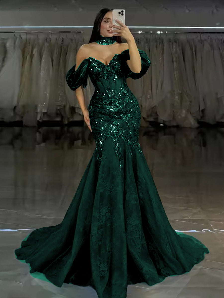 Shirees Emerald Tulle Mermaid Off-Shoulder Sweetheart Floor-Length Evening Dresses with Lace Applique 2026 Shirees Emerald Tulle Mermaid Off-Shoulder Sweetheart Floor-Length Evening Dresses with Lace Applique 2026