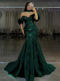 Tulle Mermaid Off-Shoulder Sweetheart Floor-Length Prom Dress with Lace Applique