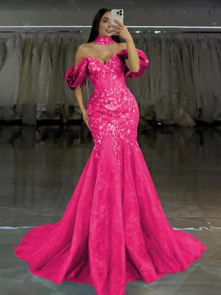 Tulle Mermaid Off-Shoulder Sweetheart Floor-Length Prom Dress with Lace Applique