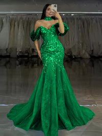 Tulle Mermaid Off-Shoulder Sweetheart Floor-Length Prom Dress with Lace Applique