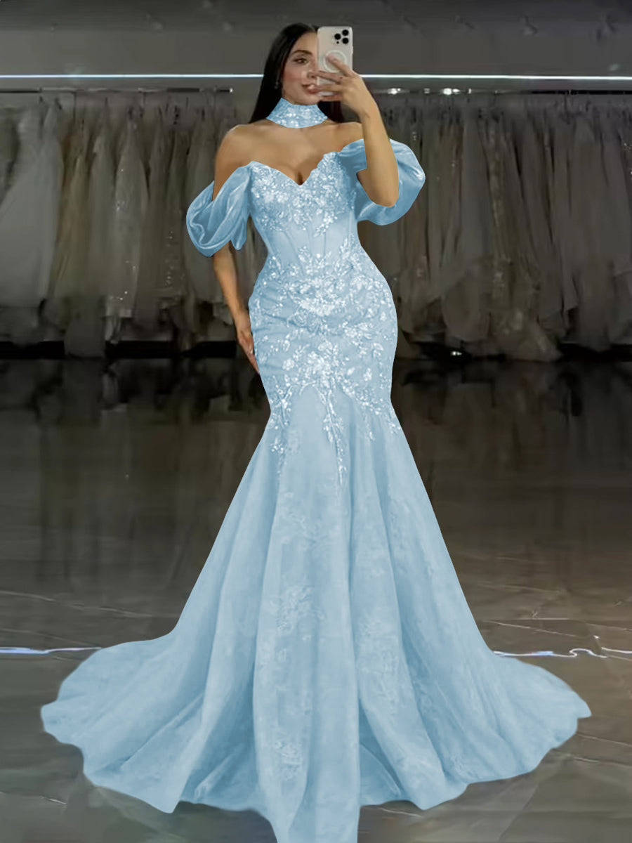 Shirees Light Blue Tulle Mermaid Off-Shoulder Sweetheart Floor-Length Evening Dresses with Lace Applique 2026 Shirees Light Blue Tulle Mermaid Off-Shoulder Sweetheart Floor-Length Evening Dresses with Lace Applique 2026
