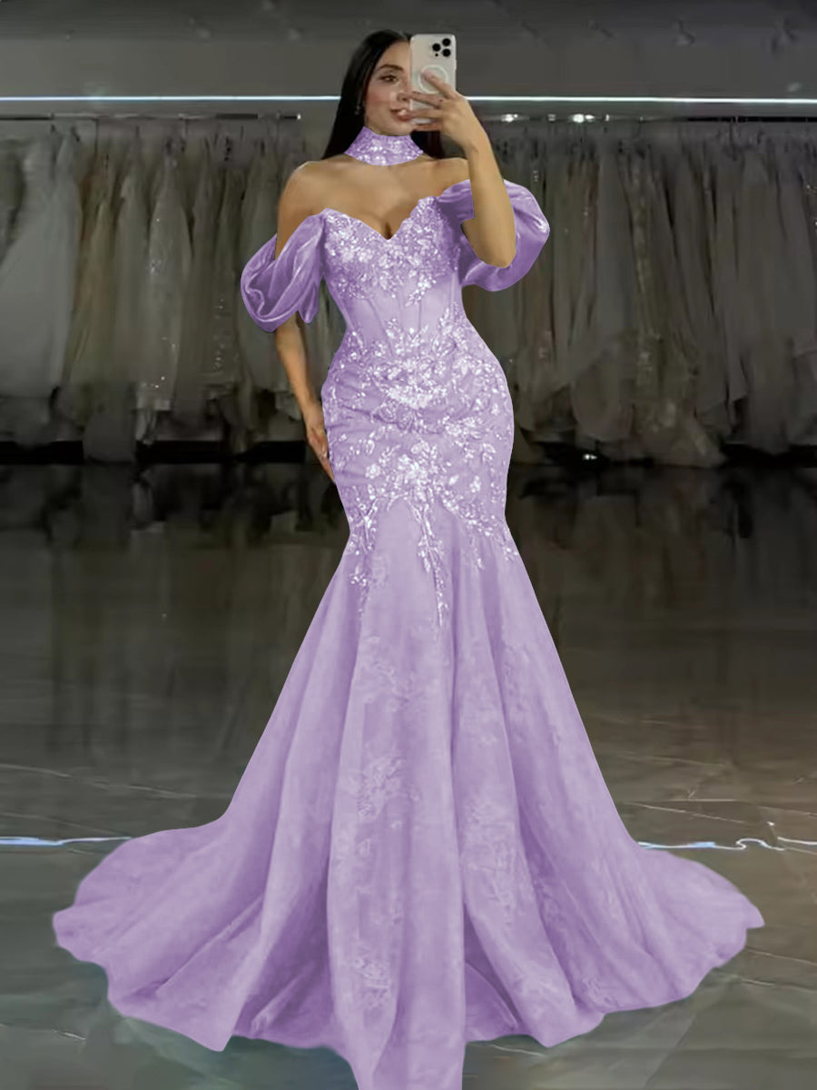 Tulle Mermaid Off-Shoulder Sweetheart Floor-Length Prom Dress with Lace Applique