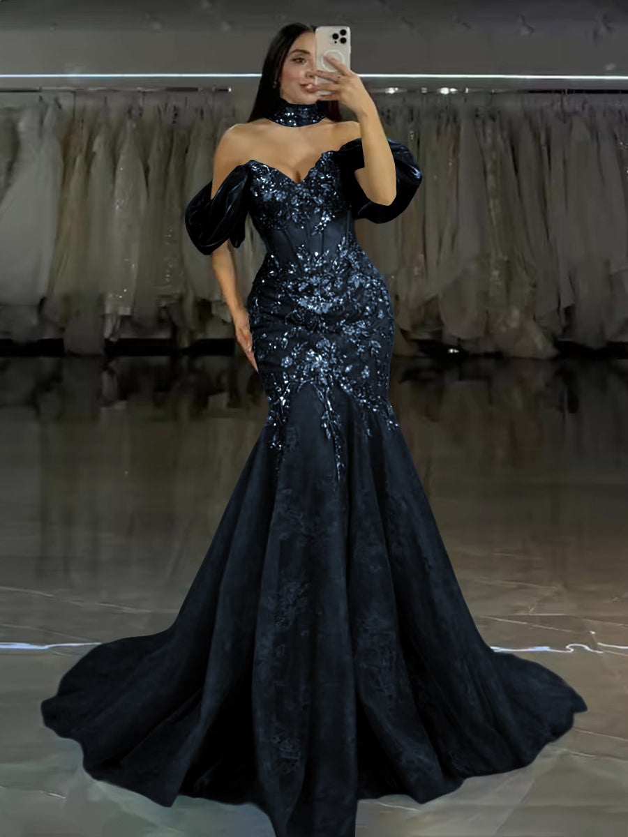 Shirees Navy Blue Tulle Mermaid Off-Shoulder Sweetheart Floor-Length Evening Dresses with Lace Applique 2026 Shirees Navy Blue Tulle Mermaid Off-Shoulder Sweetheart Floor-Length Evening Dresses with Lace Applique 2026