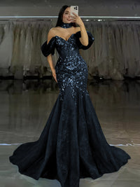 Tulle Mermaid Off-Shoulder Sweetheart Floor-Length Prom Dress with Lace Applique