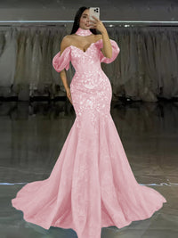 Tulle Mermaid Off-Shoulder Sweetheart Floor-Length Prom Dress with Lace Applique