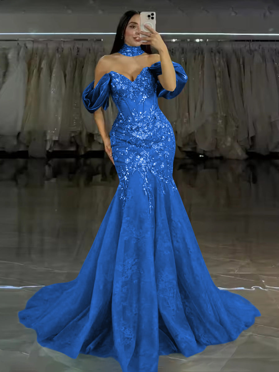 Tulle Mermaid Off-Shoulder Sweetheart Floor-Length Prom Dress with Lace Applique