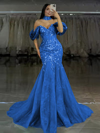 Tulle Mermaid Off-Shoulder Sweetheart Floor-Length Prom Dress with Lace Applique