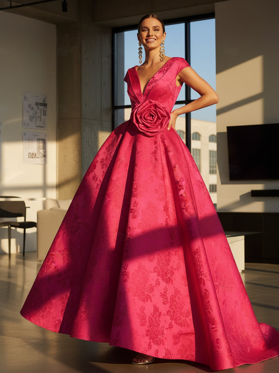Jacquard Cap Sleeve V-Neck A-Line Floor-Length Evening Dresses with Flower