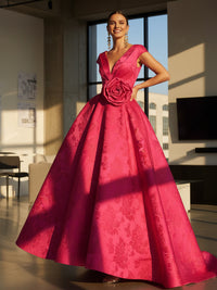 Jacquard Cap Sleeve V-Neck A-Line Floor-Length Evening Dresses with Flower