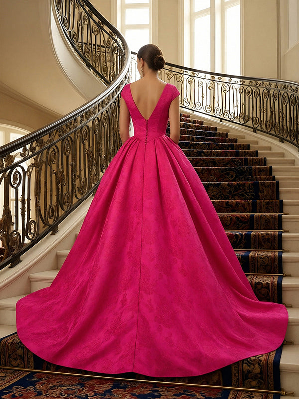 Jacquard Cap Sleeve V-Neck A-Line Floor-Length Evening Dresses with Flower