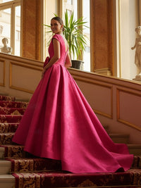 Jacquard Cap Sleeve V-Neck A-Line Floor-Length Evening Dresses with Flower
