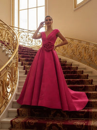 Jacquard Cap Sleeve V-Neck A-Line Floor-Length Evening Dresses with Flower