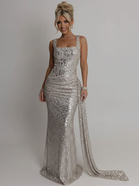 Elegant Square Neck Sequin Ruched Long Prom Dresses with Trail