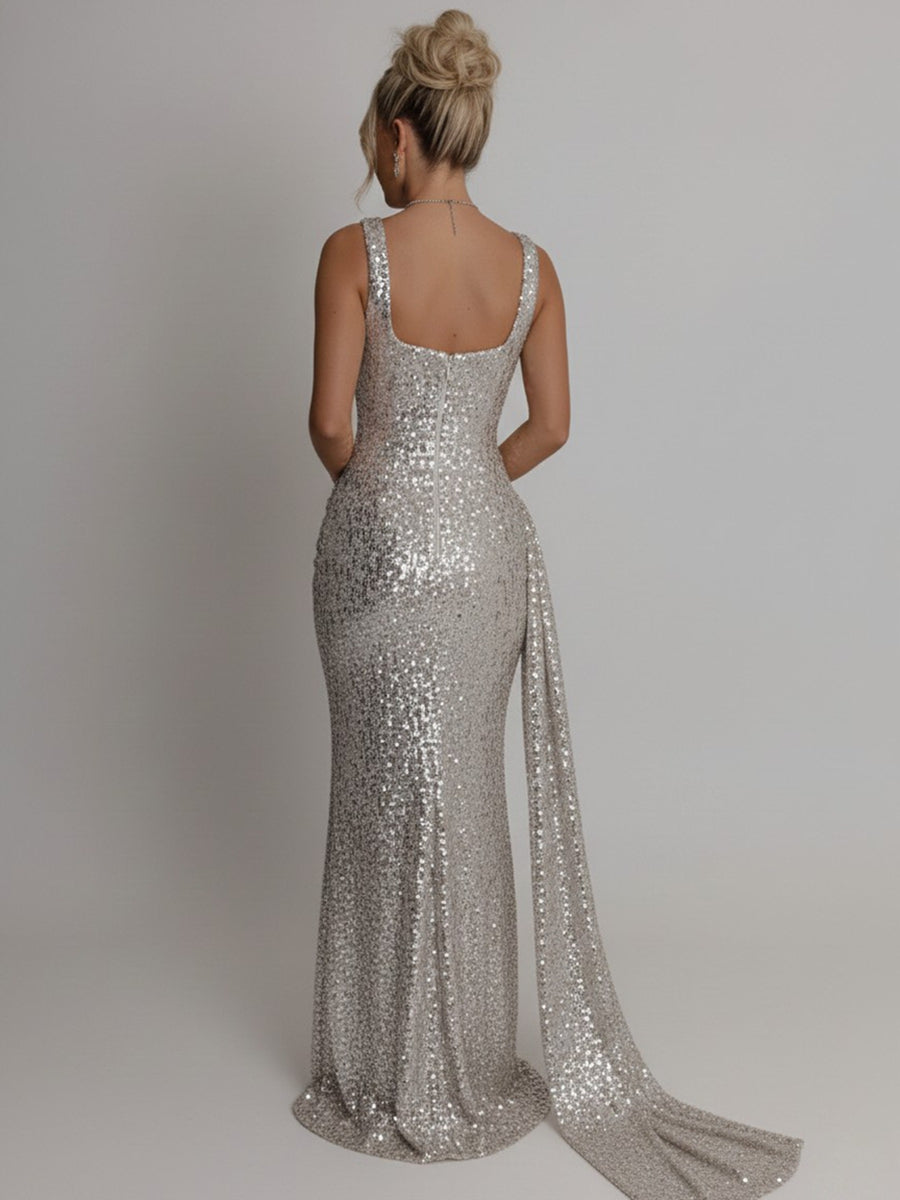 Elegant Square Neck Sequin Ruched Long Prom Dresses with Trail