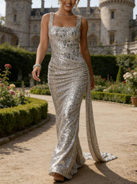 Elegant Square Neck Sequin Ruched Long Prom Dresses with Trail