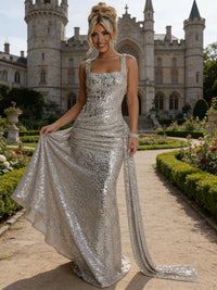 Elegant Square Neck Sequin Ruched Long Prom Dresses with Trail