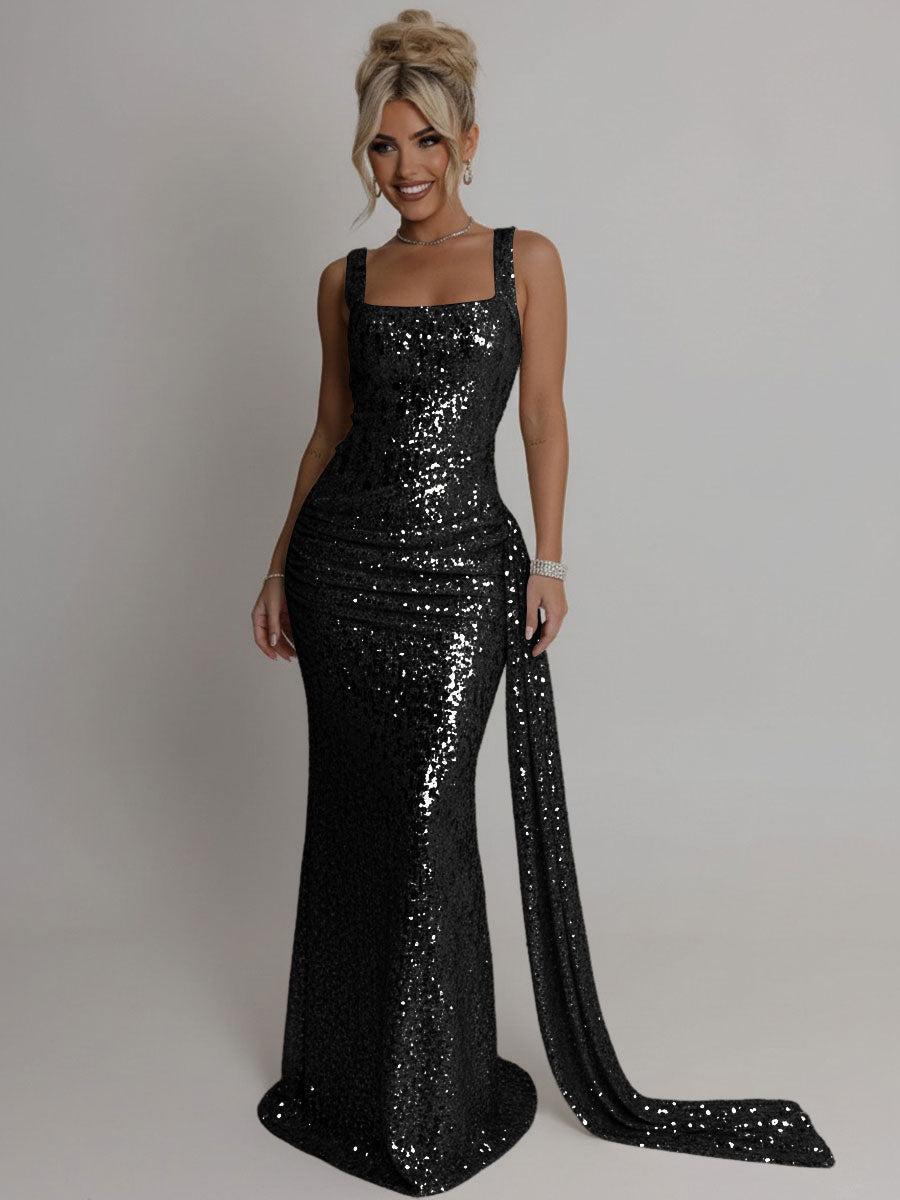 Elegant Square Neck Sequin Ruched Long Prom Dresses with Trail