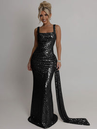 Elegant Square Neck Sequin Ruched Long Prom Dresses with Trail