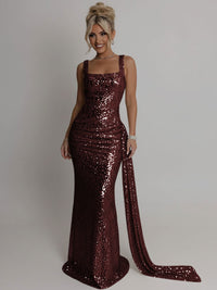 Elegant Square Neck Sequin Ruched Long Prom Dresses with Trail