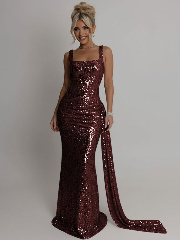 Elegant Square Neck Sequin Ruched Long Prom Dresses with Trail