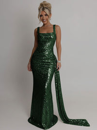 Elegant Square Neck Sequin Ruched Long Prom Dresses with Trail